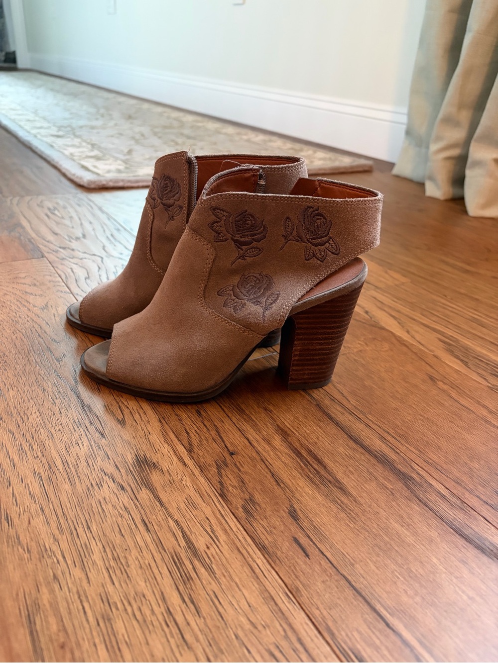 Lucky Brand Tan Suede Peep-Toe Block Heel Ankle Booties with Rose Embroidery